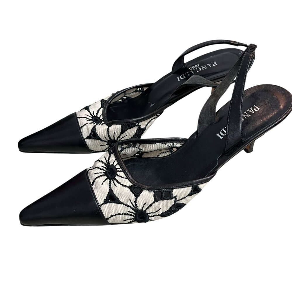 BLACK AND WHITE KITTEN HEELS SLING BACK ITALIAN LEATHER HEELS WOMENS SIZE 8